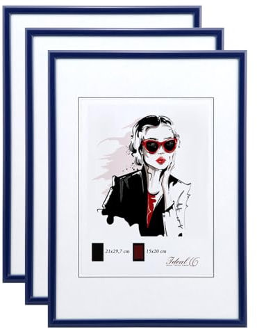 KM FOTO Set Moderner Glas Bilderrahmen NLS aus Kunststoff Perfekt für Fotos Poster und Wanddeko Collage: Farbe: 3er Pack Blau | Format: 21x29,7 DIN A4