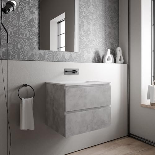 BERNSTEIN Badmöbel-Set Ava 60cm bestehend aus Mineralguss-Waschbecken mit Unterschrank in Beton, Waschtisch CREAM - Weiß matt ohne Hahnloch, Ideal für Kleine Bäder und Gäste-WCs