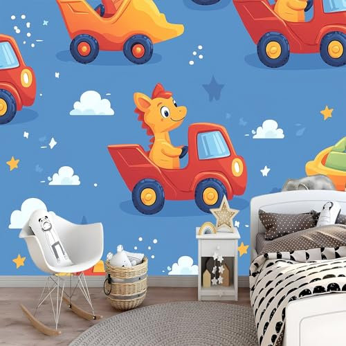 3D Fototapete Dinosaurier und Baufahrzeug Kinderzimmer Wall Restaurant Wohnzimmer Fototapete Tapete Blau Wandbild Tapeten Moderne Hintergrundbild Vlies-Tapete Wandtapete- 150 x 105 cm