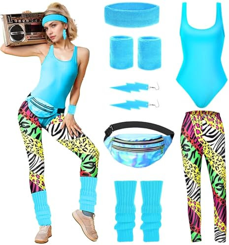 80er Jahre Damen Outfit mit Accessoires - Workout Kostüm, Bauchtasche, Stirnband, Beinwärmer für Karneval & Halloween Mottopartys