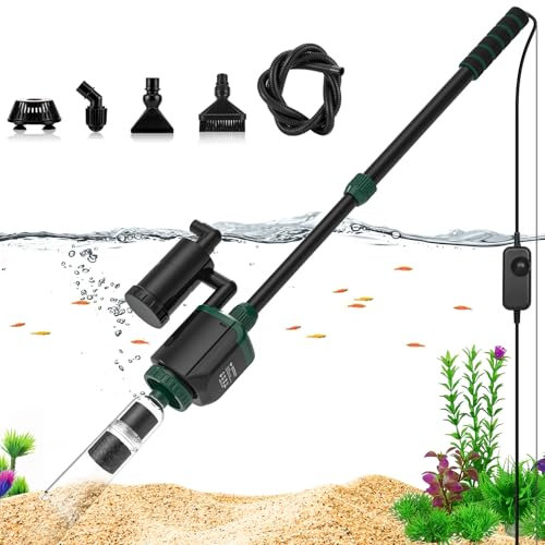 AQQA Nettoyeur de gravier d'aquarium, nettoyeur de gravier réglable 6 en 1, kit de nettoyage de sable d'aquarium, 34 W, débit d'eau réglable, nettoyeur de gravier pour changer l'eau, le lavage, le