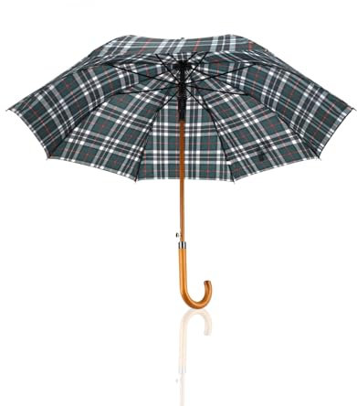 Windfester karierter Regenschirm Grün - Regenschirm mit Holz J Griff - Ø 105 cm - Stockschirm Klassisches Design, green, 105cm