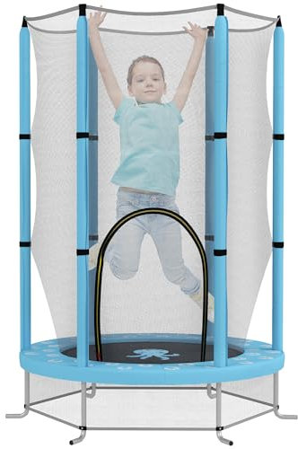 AIYAPLAY Kindertrampolin Ø140 cm, Outdoor-Kindertrampolin mit Sicherheitsnetz, Reissverschlusstür, 6 gepolsterten Pfosten, für drinnen und draussen, für Kinder 3-6 Jahre, hellblau