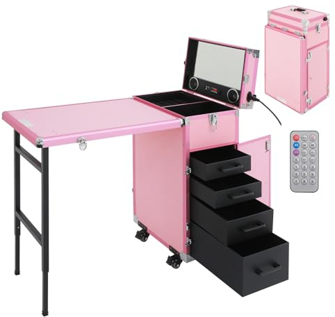 OUBUBY Kosmetikkoffer Trolley 2 in 1 Kosmetikkoffer Groß Kosmetik Trolley Make up Koffer Schminkkoffer mit Rollen & 4 Schubladen Friseurkoffer Alu Beauty Case Nagelkoffer Multikoffer (Pink)