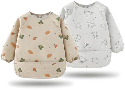 MOJINL Baby Lätzchen mit Ärmeln, Weiches und Hautfreundliches Ärmellätzchen, Wasserdichtes Lätzchen Baby mit Langen Ärmeln, Maschinenwaschbar, 2 Stück