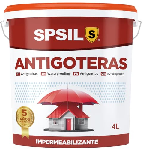 SPSIL Pintura Antigoteras Impermeabilizante Rojo - Repele Activamente el Agua, Previene de Goteras y Filtraciones- Para Tejados, Azoteas, Fachadas, Terrazas (4 L)