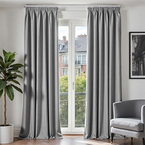 TOPICK 100% Verdunklungsvorhänge Gardinen Vorhänge H245xB140 2er Set Grau | Gardinen mit Kräuselband Leinenoptik Wohnzimmer Schlafzimmer modern Blickdicht Landhausstil Thermovorhang Übergardinen