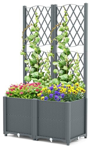 HOMASIS Lit de Jardin Surélevé en Bois avec Treillis, Jardinière d’Extérieur avec Disque Auto-Arrosant, Trous de Drainage, Bac à Fleurs pour Plantes Grimpantes, Légumes 80 x 40 x 140 cm (Gris)