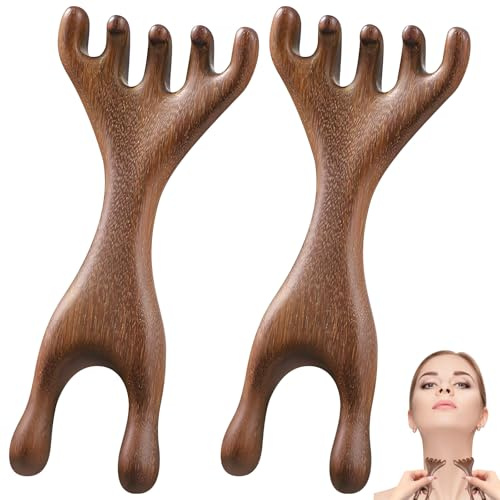 2 Stück Meridiankamm Fivetouch-Therapiekamm, Sandelholz-Massageklauen, Guas Sha-Holztherapie-Werkzeuge, ergonomisch für Kopf, Gesicht, Augen, Nase, Massagebürste, Massager Werkzeug