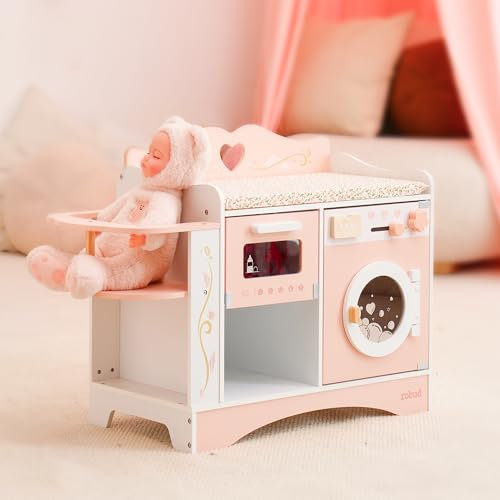 ROBUD Wooden Doll Changing Station, 4-in-1 Toddler Dolls Pretend Changing Table with Washing Machine & Bottler Sterilizer, Storage & Doll Seat, Accessories for dolls under 20”, Gift for Kids Pink