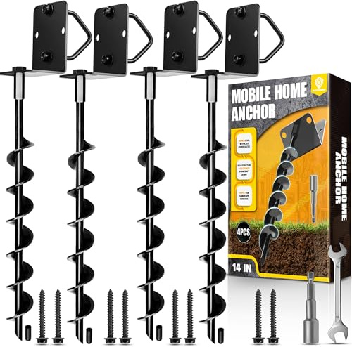 [UPGRADED] 14” Mobile Home Anchor, 4 Pack Ground Anchor Screw in with L-shaped Brackets, U-bolts, Power Nut Driver Trampoline Anchors High Wind Heavy Duty for Camping Tents, Car Ports, Swing Sets