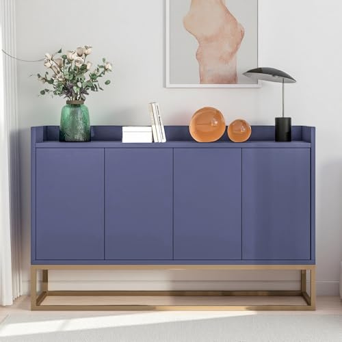 Modernes Buffet, Unterschrank mit 4 Türen, Küchenmöbel mit verstellbarem Regal und goldenen Metallfüßen, für Wohnzimmer, minimalistisches Sideboard für Wohnzimmer (blau)