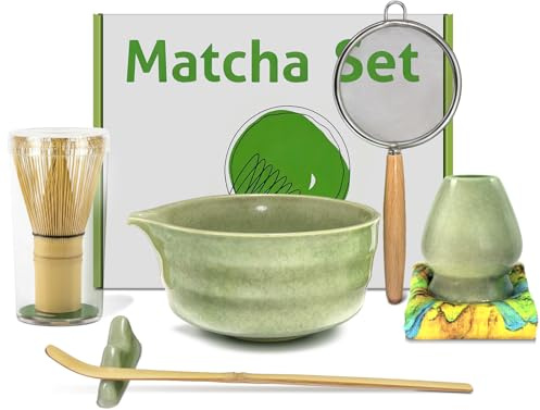 Ensemble de fouets à matcha, 7 pièces kit de poudre de matcha en céramique avec bec verseur, support de fouet fouet et cuillère bambou service à thé japonais pour le petit déjeuner et le latte cadeau