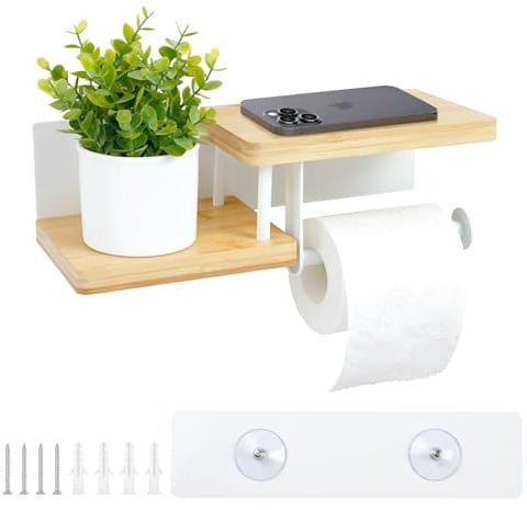DTLLCZP Toilettenpapierhalter aus Bambus mit Ablage | Selbstklebend oder zum Bohren | Weißer Klopapierhalter für Badezimmer, Küche & Toilette | 30×12×8 cm