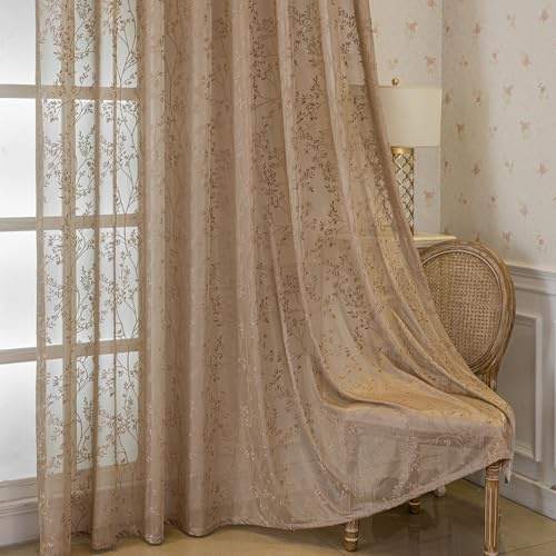 Braun Gardine Halbtransparent Ösen Zweigemuster Modern Natur Vorhang | 2 Stück Gardinen Lichtdurchlässig Ösenvorhang Gardinenschal für Schlafzimmer Wohnzimmer 140x245