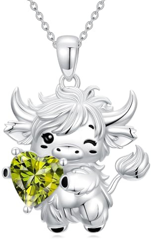 enjoylifecreative Damen Hochland Kuh Halskette 925 Sterling Silber Kühe Geburtsstein Anhänger Kette Geburtstag Weihnachten Schmuck Geschenke für Frauen Mädchen