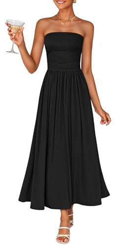 ZESICA Womens Strapless Formal Wedding Guest Midi Sundress Black M