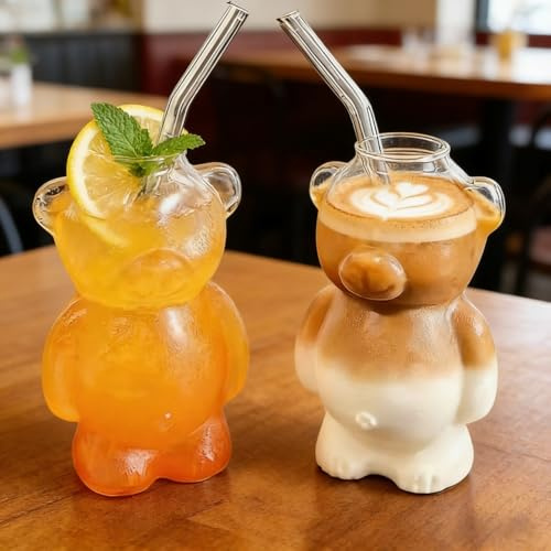 Wsndyjia Cute Bear Glass Straw Cup, Honey Little Bear Straw Cup, Cute Coffee Cup with Straw 12oz, Home & Bar Glassware for Cocktails, Wine, Kitchen, Restaurant or Party Use