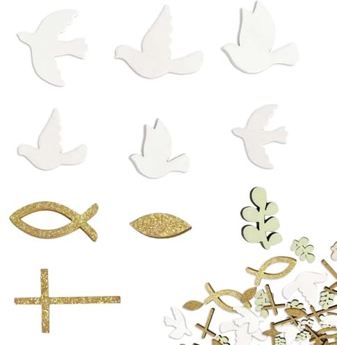 RgitFzi 70 Stück Kommunion Deko & Taufe Deko Holz - Tischdeko Kommunion Fische, Tauben & Kreuze Streudeko Set in Gold Weiß Grün für Taufe, Jugendweihe & Erstkommunion Tischdekoration