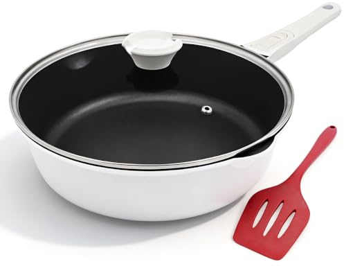 Bobikuke Pfanne 28cm mit Deckel, Aluminium Bratpfanne Hoher Rand -Weiß | mit Abnehmbarer Griff, Schmorpfanne 28cm für alle Herde|Anti-Kratzer|Antihaft