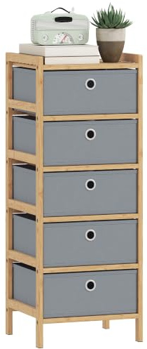 HOMCOM Chest of Drawers with Bamboo Frame, 5 Fabric Drawers, Light Grey | Dresser, Narrow Storage Unit, for Small Spaces, Bedroom, Living Room, Hallway