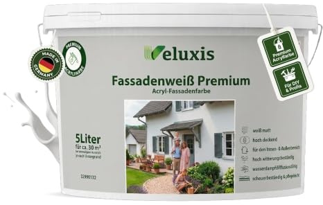 Fassadenfarbe Weiß Premium 5L – Acryl-Fassadenfarbe weiß matt für ca. 30 m² | hochdeckend, wetterbeständig, diffusionsoffen, für den Außenbereich, Made in Germany
