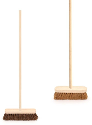 TWIN PACK OF TRADITIONAL WOODEN SWEEPING BRUSHES - STIFF OUTDOOR YARD SWEEPING BRUSH AND SOFT COCO BROOM WITH HANDLES - 10 WIDE