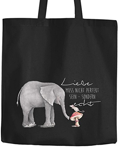 Jutebeutel Liebe muss nicht perfekt sein sondern echt Elefant Maus Geschenk-Tasche Baumwolltasche Stoffbeutel Tragetasche Moonworks® schwarz 2 lange Henkel