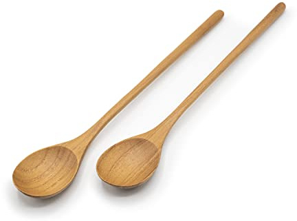 FAAY - 2 Pcs 10.5 inches Long Handle Teak Soup Spoon for Chef Testing, Stirring, Mixing. Kitchen - Cooking Utensil Korean Style 100% Non-toxic and Natural from High Moist Resistance Teakwood