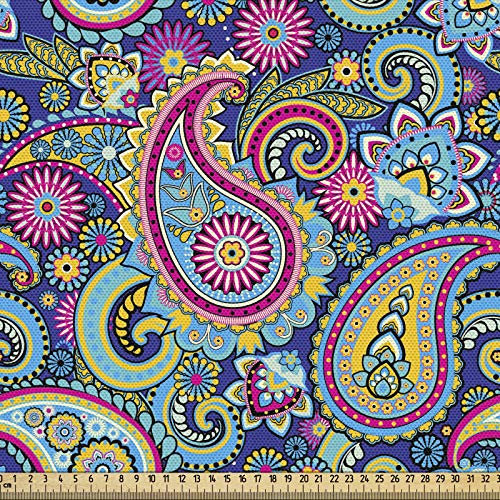 ABAKUHAUS Navy und Blush Gewebe als Meterware, Weinlese Paisley, Schön Gewebten Stoff für Polster und Wohnaccessoires, 1M (148x100cm), Gelb Rosa Blau