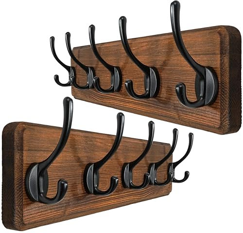 WEBI Garderobenleiste,Garderobenhaken,Wandgarderobe Holz mit 5 Haken,Kleiderhaken Wand,Hakenleiste Garderobe,Jackenhalter Wand für Mäntel,Jacken,Rustikal Braun,2 Stück