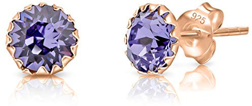 DTPSilver - Damen Ohrringe 925 Sterling Silber Rosèvergoldet mit Kristallen von Swarovski® Elements 6 mm Runde Ohrstecker - Farbe : Tansanit