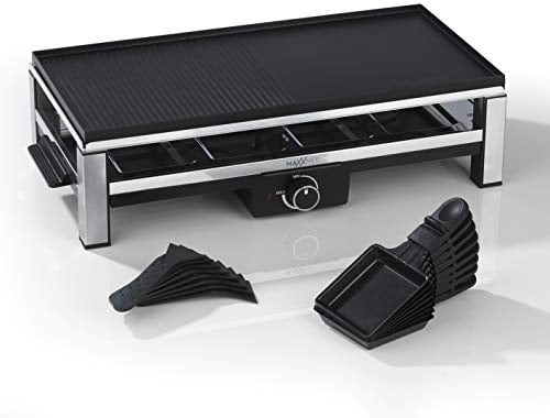 MAXXMEE Raclette Grill für 8 Personen - 2000W | Clevere Kombination: Raclette & Grill in einem | Aluguss-Grillplatte abnehmbar | Pfännchen und Aluguss-Grillplatte mit Antihaftbeschichtung [schwarz]