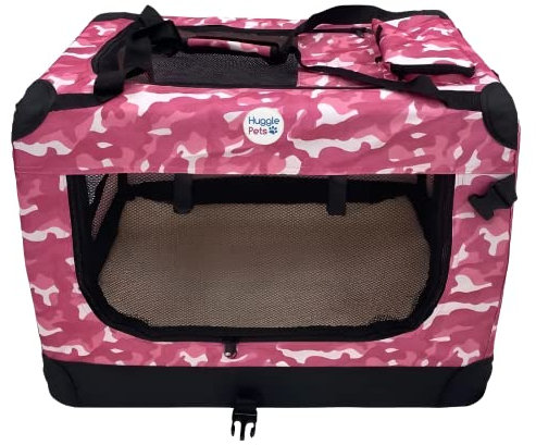 HugglePets Foldable Fabric Pet Crate Carrier - Pink Camo (Extra Large 82cm) Lightweight & Ventilated Double Door Carrier for Dogs & Cats with Sheepskin Mat. Ideal for Home & Travel.