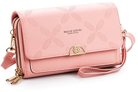 PAULO SERINI® Umhängetasche Damen | Handytasche zum Umhängen aus 100% veganem Leder | Handtasche kleiner Crossbody Bag mit 2 Fächern & Reißverschluss | Women Purse Blush Pink | rosa