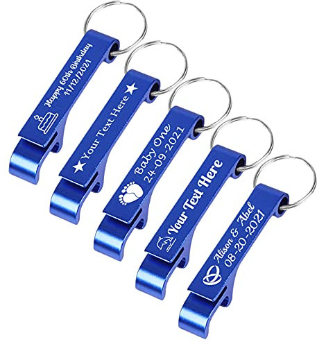 BYWEXCLESD Personalised Bottle Opener Keyring Custom Bottle Opener Keychain Bulk for Men Boyfriend Wedding Favors Party Free Engraving Logo Name Text 5Pcs, Blue