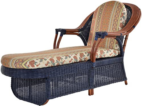 Krines Home Rattan Liege Safari Ottomane Rattanliege Lounge Liege mit Polster (Dunkelblau - Rost)