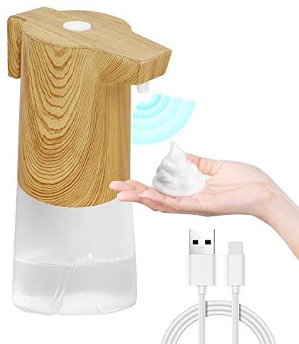 Seifenspender Automatisch Wandmontage ohne Bohren, Holzoptik Elektrischer Seifenspender mit Sensor, Automatischer Seifenspender für Küche und Bad, Wasserdicht, USB Wiederaufladbar, 330ml