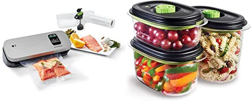 FoodSaver VS1190X - Envasadora al vacío de alimentos compacta con accesorio sellador manual + FoodSaver Recipiente para conservar y marinar al vacío, Hermético, Transparente/Negro
