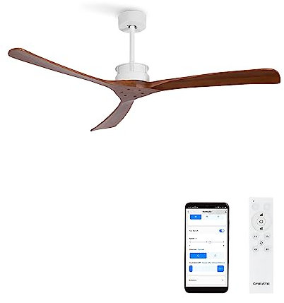 CREATE / WIND LARGE DC/Ventilatore da soffitto Bianco e pale Legno scuro con WIFI / 6 velocità, silenzioso, programmabile, due altezze
