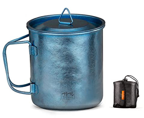 TiTo Titanium Cup Camping Tea Coffee Water Mug Ultralight Portable Cookware 450ml Foldable Handle Titanium Pot with Lid for Outdoor Backpacking Hiking Picnic Drinkware Open Fire (Blue)