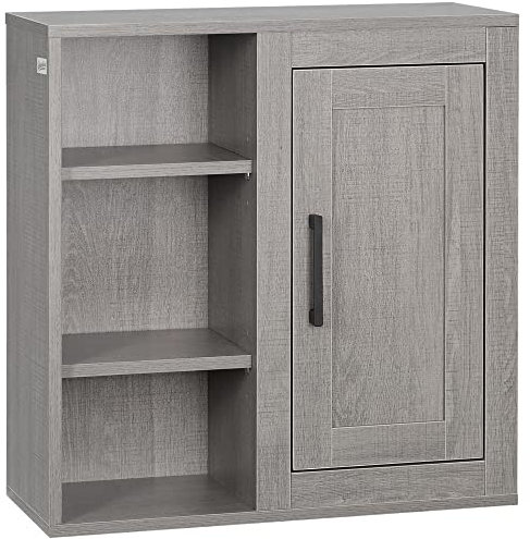kleankin Badezimmerschrank Wandschrank mit 1 Schrank und 3 Regalen Mehrzweckschrank mit verstellbaren Regalebenen Aufbewahrungsschrank Badschrank Spanplatte Grau 48 x 20 x 50 cm