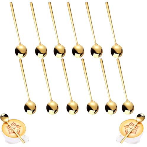 Lot de 12 Cuillères à Café Dorées, Petites Cuillère à Café en Acier Inoxydable Doré, Cuillere Couverts Dorées Classiques, Petite Cuillère à Dessert Polies pour Nespresso, Café, Crème Glacée, 13 cm
