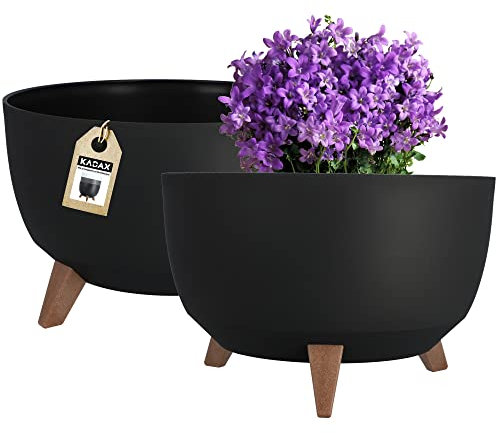 KADAX Maceta Decorativa de Plástico con Soporte Integrado, Macetero con Tres Patas de Imitación Madera para Interior y Exterior (Negro, 39.5 cm)