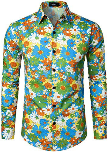 JOGAL Mens Regular fit Floral Dress Shirt Long Sleeve Printed Casual Button Down Shirts Yellow Daisy XX-Large