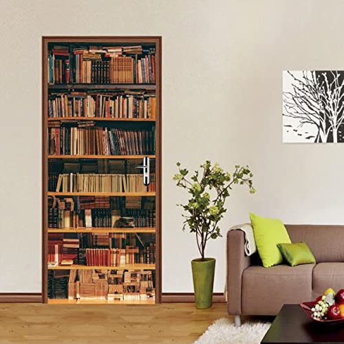 PLEETS Sticker Porte Trompe l'oeil Effect Modèle de bibliothèque Poster Mural Placard Chambre Toilette Bain Cuisine pour Décoration Entree, PVC Auto-adhésifs Amovible Papier Peint Porte 95 x 215cm