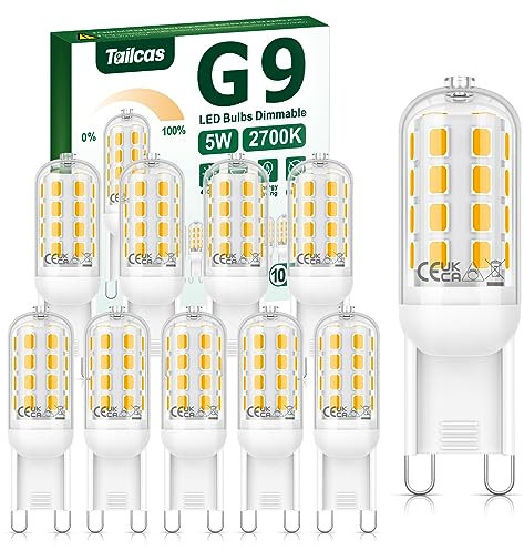 Tailcas G9 LED Bulbs Dimmable Warm White 2700K, 5W 450LM, Equivalent to 40W Halogen, No Flicker AC 220-240V, Energy Saving, 10 Pack for Chandelier, Crystal Lamp