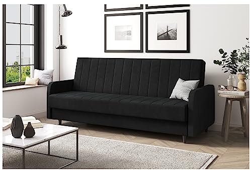 MEBLINI Sofa mit Schlaffunktion - Schlafcouch Ausziehbar - Schlafsofa mit Bettkasten - Sofabett - Couch mit Schlaffunktion - Klappsofa - Andres 3-220x87x93cm - Schwarz Samt