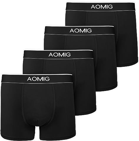 Aomig Boxer Homme Calecon Shorty, Lot de 4 Caleçon Homme avec Ceinture Élastique, Classique Couleurs 95% Coton sous-vêtement Trunk Caleçons Respirants et Doux à Porter au Quotidien(Noir-L)