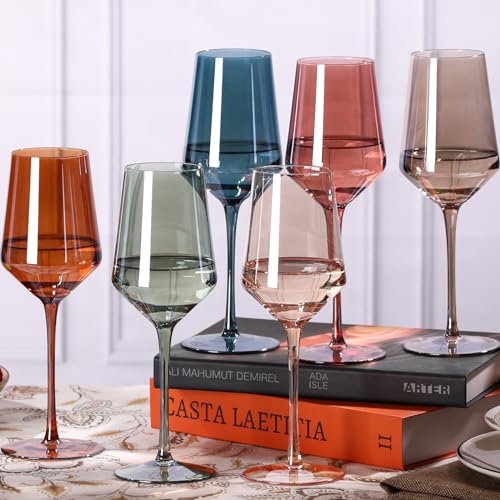 comfit Colored Wine Glasses Set of 6-15 oz Hand-blown Glasses, Lead-free Crystal - Birthday Wedding Housewarming Gifts for Wine Lovers Women Her Mom, Wife, Friend, Sister, Daughter